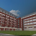 Red Brick School Building Exterior With Multiple Floors Large Windows And Green Lawn Area