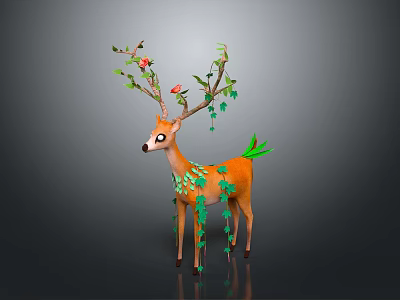 Orange Deer With Branches Green Leaves Red Flowers And Green Leaf Decorations Against Gray Background 3d model