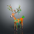 Orange Deer With Branches Green Leaves Red Flowers And Green Leaf Decorations Against Gray Background