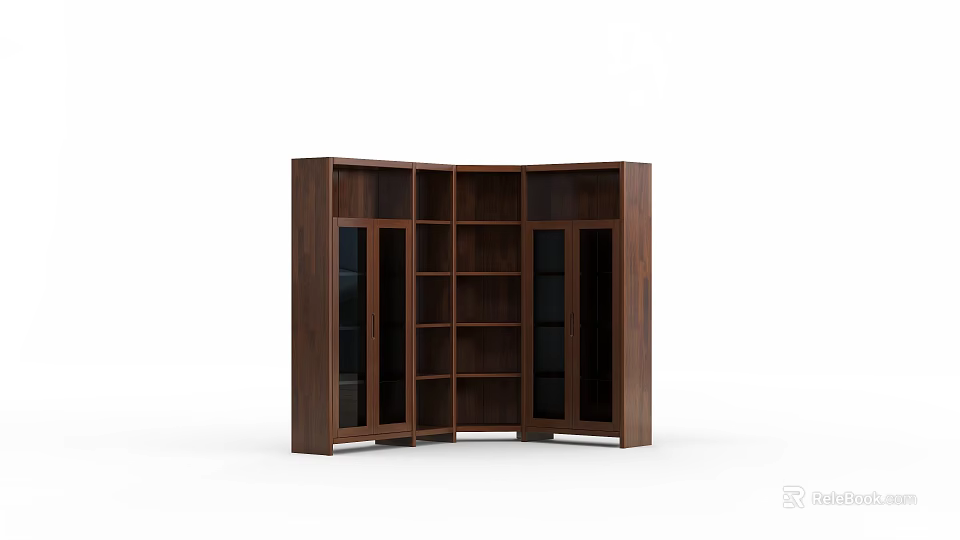 Modern Dark Brown Wooden Bookcase With Glass Doors Multiple Shelves And Storage Compartments 3d model 