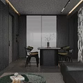 Modern Dark Tone Living And Dining Room With Elegant Marble Accent And Luxury Furnishings
