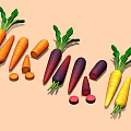 Fresh Colorful Carrots With Orange Purple Yellow Varieties Whole And Sliced Green Tops