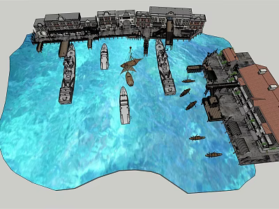3D Rendered Waterfront Marina Scene With Boats And Buildings On Blue Water 3d model