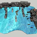 3D Rendered Waterfront Marina Scene With Boats And Buildings On Blue Water