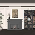 Classical Light Paneled Background Wall with Fireplace Artwork Decorative Screen and Floor Lamp 3d model