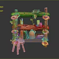 Wooden Bookshelf with Books Vines Pink Flowers Mugs and Small Stool