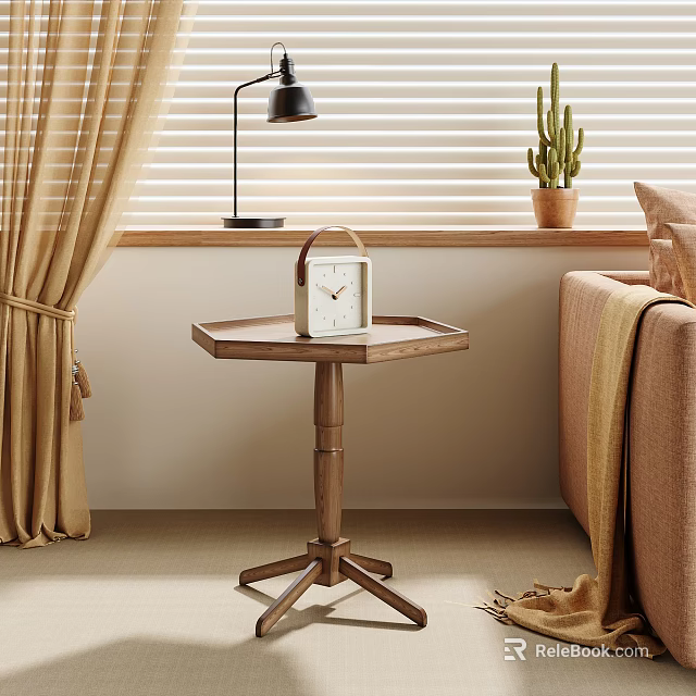Wooden Side Table In Living Room With Clock Lamp Cactus Near Sofa And Curtains 3d model 