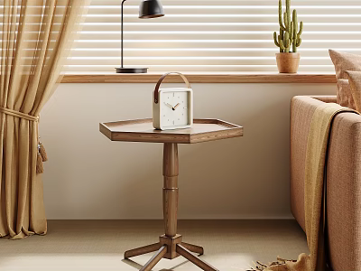 Wooden Side Table In Living Room With Clock Lamp Cactus Near Sofa And Curtains 3d model