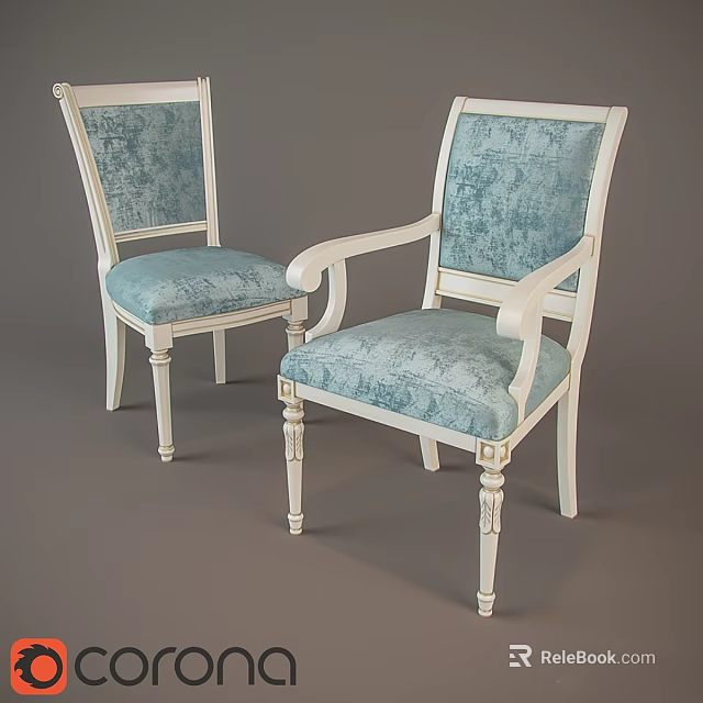 Vintage Single Chair With White Wooden Frame Light Blue Upholstered Seat And Carved Legs 3d model 
