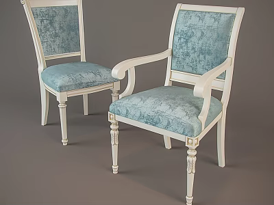 Vintage Single Chair With White Wooden Frame Light Blue Upholstered Seat And Carved Legs 3d model