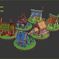 Cartoon Scene Featuring Colorful Small Houses With Various Roofs Unique Designs And Green Grass Base