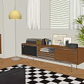 Walnut Wooden TV Stand With Vinyl Records Photo Frames And Floor Lamp Near Window