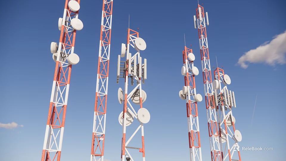 Red and White Communication Towers With White Antennas Satellite Dishes Against Blue Sky 3d model 