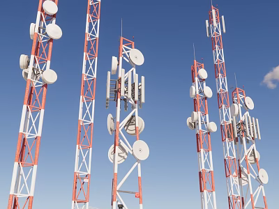 Red and White Communication Towers With White Antennas Satellite Dishes Against Blue Sky 3d model