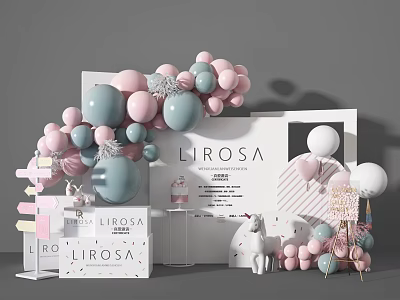 LIROSA Display Setup With Pink Blue Balloons White Board And Unicorn Decor 3d model