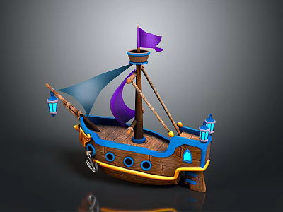 Decorative Wooden Water Vessel With Purple Flag Blue Sail And Lanterns 3d model