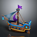 Decorative Wooden Water Vessel With Purple Flag Blue Sail And Lanterns