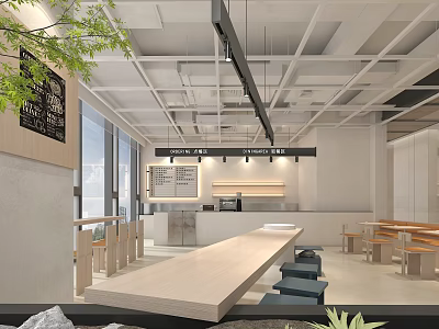 Modern Cafe Interior Design With Open Space Long Wooden Table Bar Counter And Green Plants 3d model