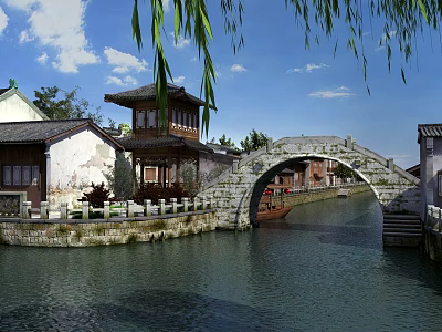 Traditional Ancient Architecture With Stone Arch Bridge River Canal And Willow Branches 3d model