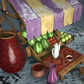 Miniature Fruit Stall With Purple Yellow Striped Awning Pink Lanterns Watermelons And Green Fruits