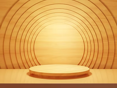 Elegant Wooden Background Wall With Circular Rings Design And Warm Tone Round Platform 3d model