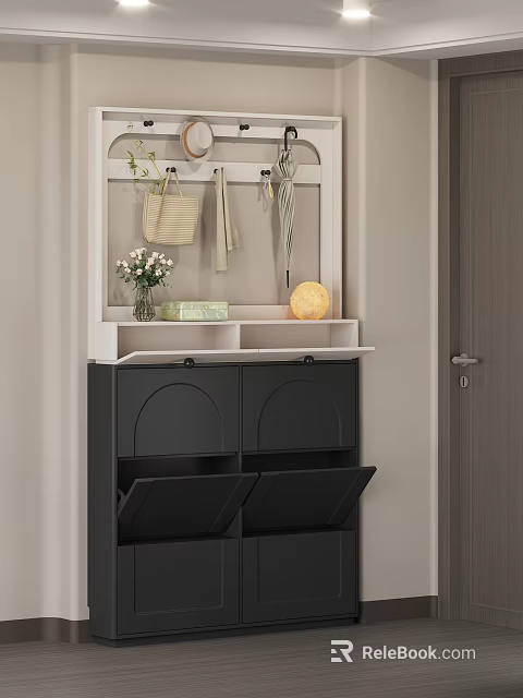 Black Shoe Cabinet In Entryway With Hanging Hooks Vase Flowers Decorative Box And Lamp 3d model 