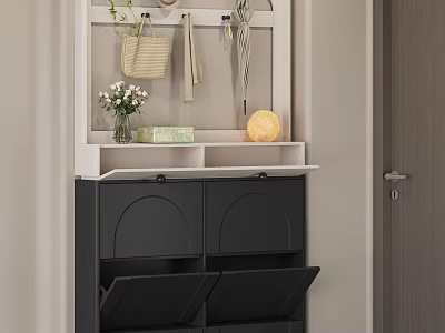Black Shoe Cabinet In Entryway With Hanging Hooks Vase Flowers Decorative Box And Lamp 3d model