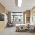 Clean Hospital Outpatient Clinic Room with Medical Bed Equipment TV and Wooden Walls