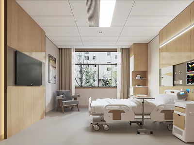 Clean Hospital Outpatient Clinic Room with Medical Bed Equipment TV and Wooden Walls 3d model