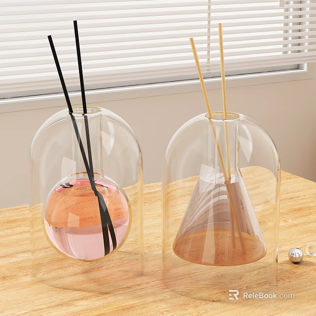 Two Different Shaped Transparent Glass Diffuser Bottles With Scented Liquid And Sticks On Wooden Table 3d model 