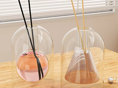 Two Different Shaped Transparent Glass Diffuser Bottles With Scented Liquid And Sticks On Wooden Table 3d model