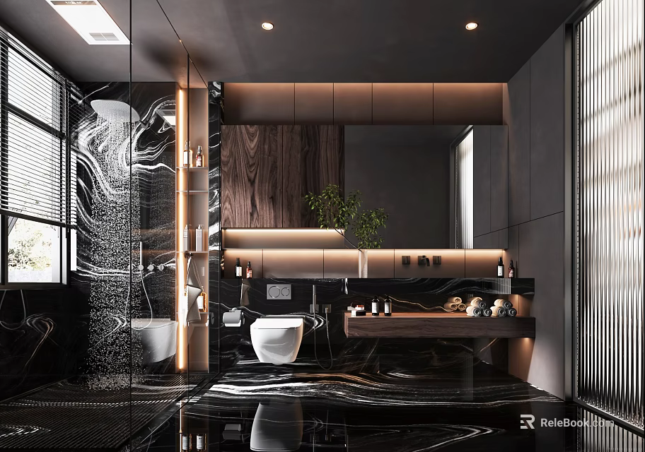 Modern Luxury Bathroom Interior With Black Marble Wooden Elements Large Mirror Bathtub Vanity And Lighting 3d model 