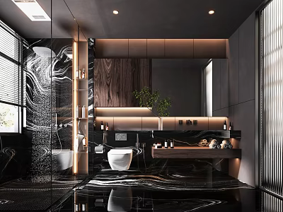 Modern Luxury Bathroom Interior With Black Marble Wooden Elements Large Mirror Bathtub Vanity And Lighting 3d model