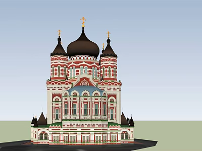 Ancient Architecture With Multiple Domes Golden Crosses And Red White Facade 3d model