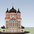 Ancient Architecture With Multiple Domes Golden Crosses And Red White Facade 3d model