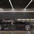 Modern Indoor Parking Garage with Red Sports Car and Stylish Ceiling Lighting Gray Walls