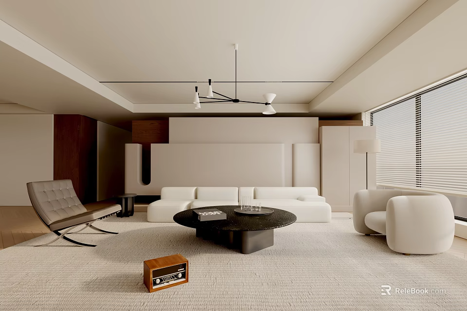 Modern Minimalist Living Room Interior Design With White Sofa Round Coffee Table And Rocking Chair 3d model 