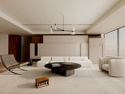 Modern Minimalist Living Room Interior Design With White Sofa Round Coffee Table And Rocking Chair 3d model