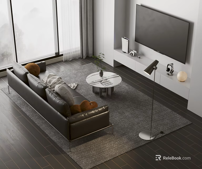 Modern Black Multi person Sofa With Throw Pillows Round Coffee Table And Large Windows 3d model