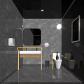 Modern Bathroom Interior With Gray Marble Walls Gold Framed Vanity Round Mirror And Toilet