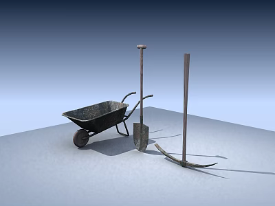 Vintage Metal Gardening Tools Display With Wheelbarrow Shovel And Hoe 3d model