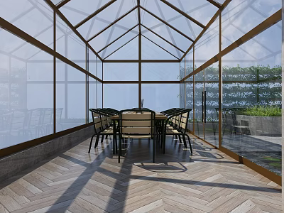 Garden Greenhouse Interior With Transparent Glass Walls Roof Herringbone Wooden Flooring Dining Table Chairs 3d model