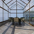 Garden Greenhouse Interior With Transparent Glass Walls Roof Herringbone Wooden Flooring Dining Table Chairs