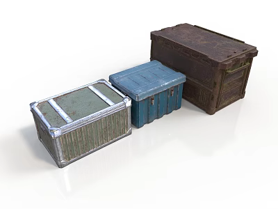 Three Different Colored Cargo Crates With Metal Texture And Storage Design 3d model