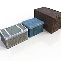 Three Different Colored Cargo Crates With Metal Texture And Storage Design