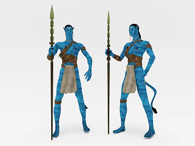 Detailed Blue Skinned Game Movie Character With Spear Tribal Attire And Tail 3d model