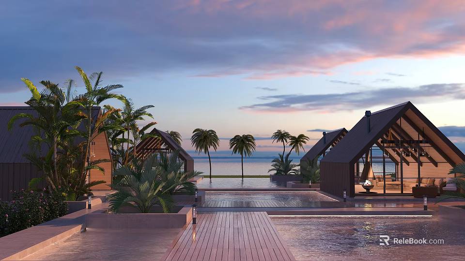 Tropical Beachfront Villa Architecture With Palm Trees Infinity Pool And Sunset Sky 3d model 