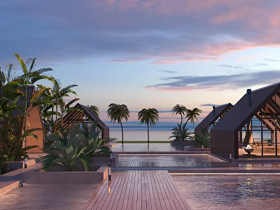 Tropical Beachfront Villa Architecture With Palm Trees Infinity Pool And Sunset Sky 3d model