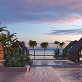 Tropical Beachfront Villa Architecture With Palm Trees Infinity Pool And Sunset Sky 3d model