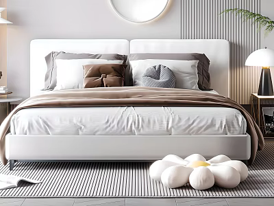 Modern Double Bed With White Headboard Mixed Pillows And Soft Bedding In Bedroom Interior 3d model